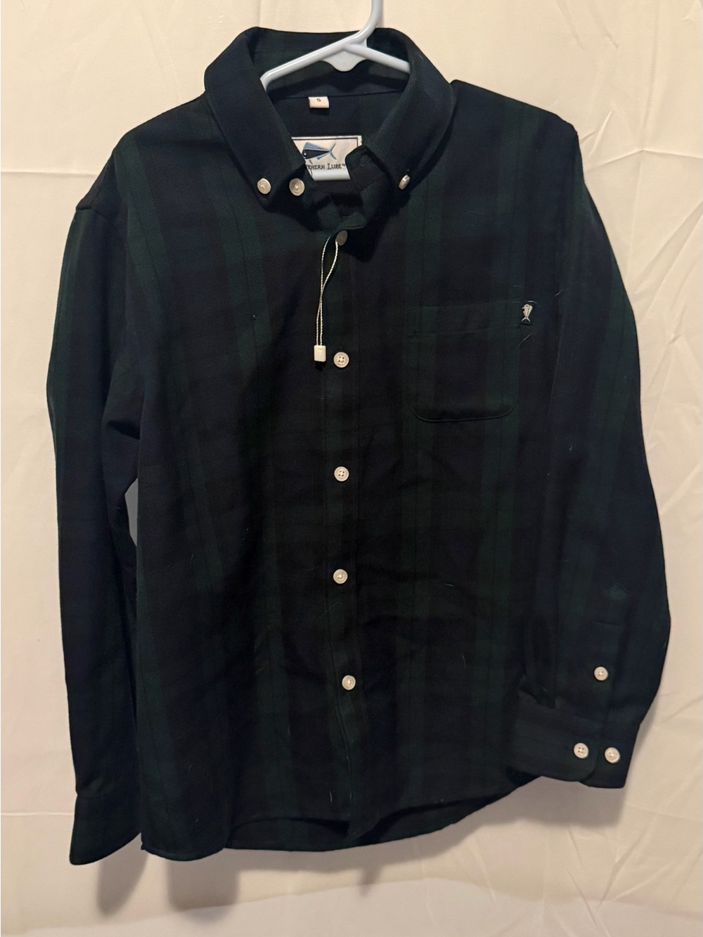 Boys Long-Sleeve Button-Down Plaid Shirt in Black and Dark Green